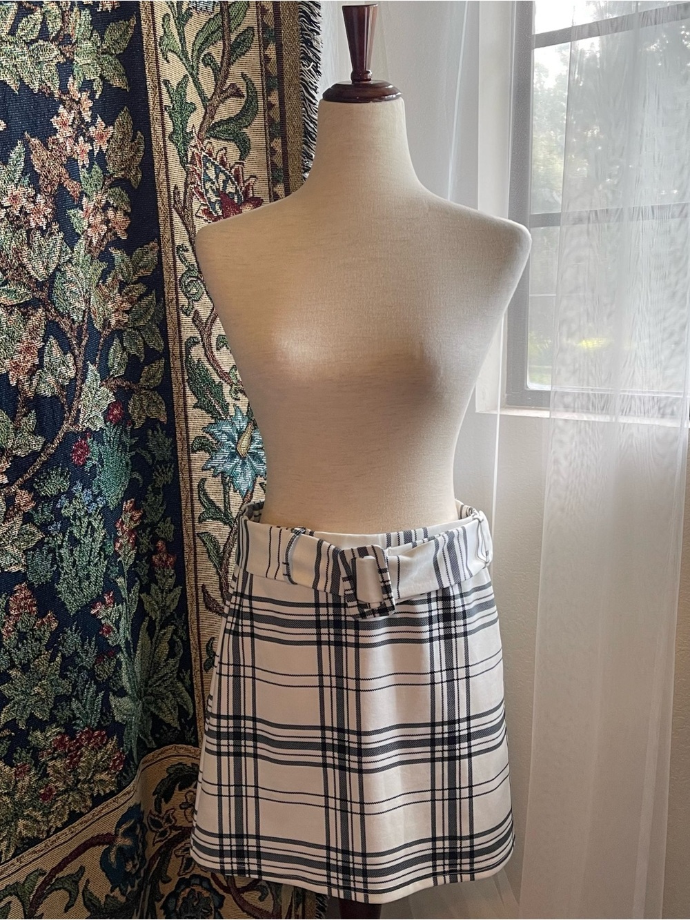 White x Black Belted Tartan Plaid Mini Skirt, Vintage Style Mod A-line